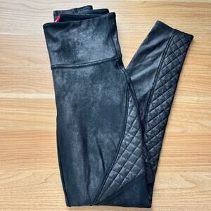 SPANX Faux Leather Moto Quilted Leggings Stretch Pants Black High Rise Medium